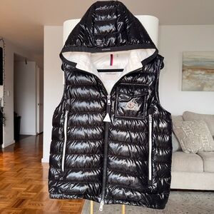 Moncler Shiny Black Quilted Hooded Puffer Vest